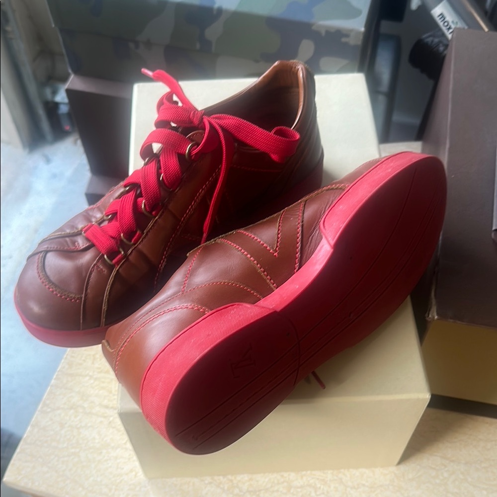 Louis Vuitton Brown and Red Leather Sneakers